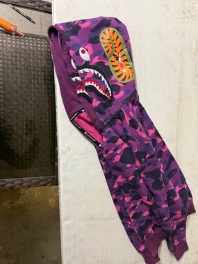 Purple Camo Zip-Up Hoodie with Shark & Tiger Embroidery